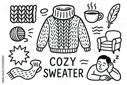 Black and white doodle of a cozy sweater surrounded by knitting patterns, a steaming cup, a comfortable chair, and a sleeping person.