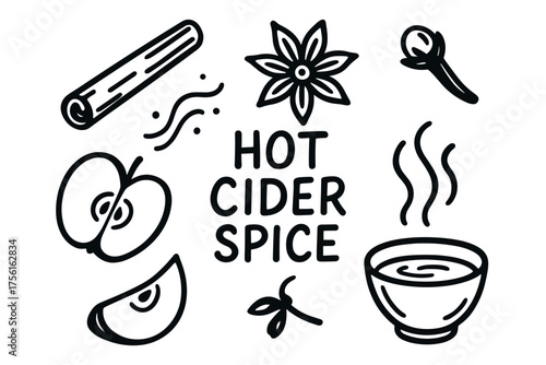 Black outline illustrations of apple slices, spices, and a steaming mug with the text "hot cider spice.