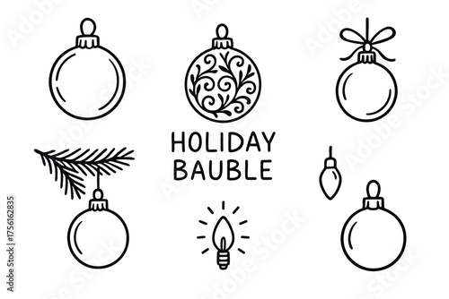 Six black outline icons of holiday baubles with decorative patterns and a pine branch on a white background.