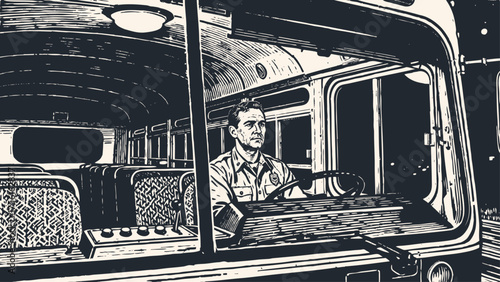 A bus driver sits behind the wheel of a vintage public bus at night. Vector illustration in a retro woodcut or graphic novel style.