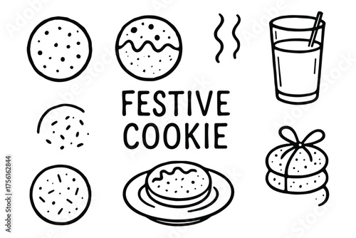 Hand-drawn black outline illustrations of various cookies, a tied stack of biscuits, and a glass of milk with a straw, conveying a festive baking theme.
