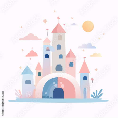 Dreamy Pastel Castle Illustration.