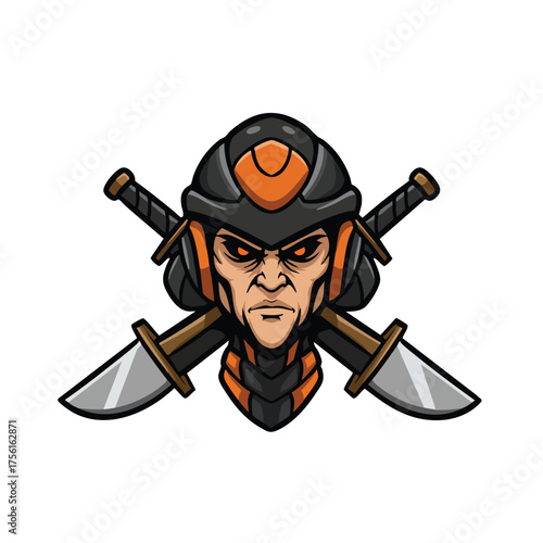 Fierce eSports gaming mascot illustration of a futuristic warrior head wearing armored helmet and crossed swords
