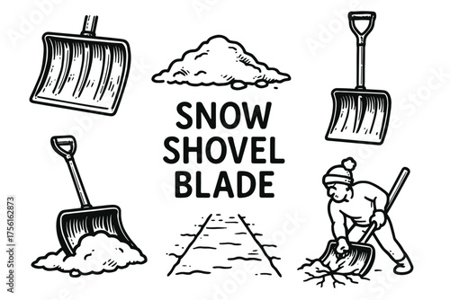 A collection of hand-drawn snow shovels and a man clearing snow, depicting winter work efforts and equipment.