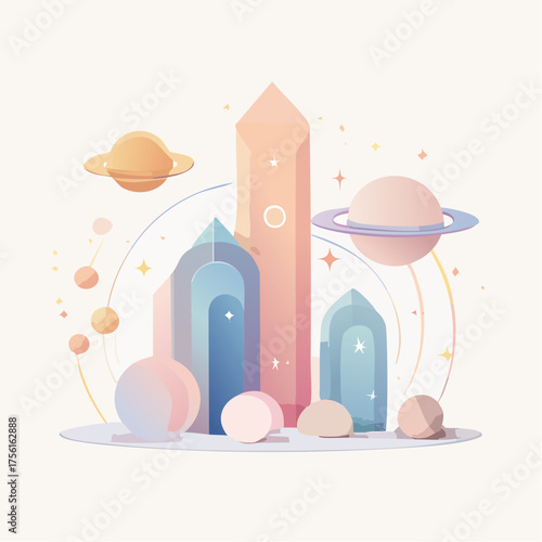 Dreamy Space Castle with Planets and Stars.