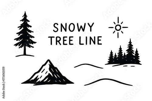 Black and white illustration of a snowy landscape with trees, mountains, and the sun in a simplistic style.