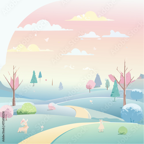 Winter Landscape with Pastel Trees and Snow.