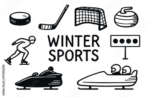 Black outline icons depicting various winter sports equipment and activities, including hockey, curling, speed skating, and bobsledding.
