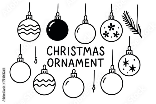Black outline icons of various christmas ornaments and decorations on a white background, including baubles with different patterns and a pine branch.