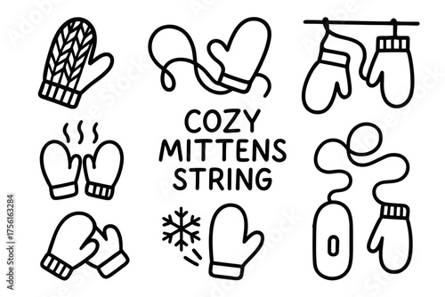 Black outline icons of various cozy mittens with strings, including patterns, steaming warmth, and a snowflake accent.