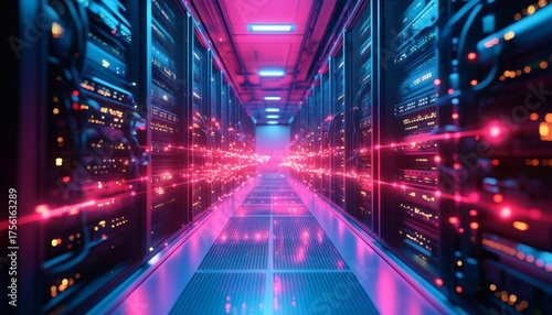 Wallpaper Mural The illustration shows a long corridor of server racks with pink and blue lighting, data streams are shown as particles flowing through the room. Torontodigital.ca