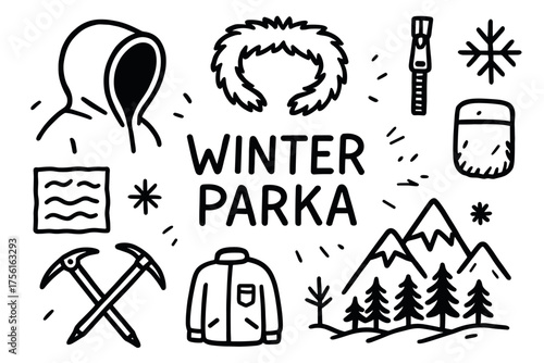 Hand-drawn black outline illustration of a winter parka and related elements including a hood, fur trim, zipper, snowflake, and mountains.