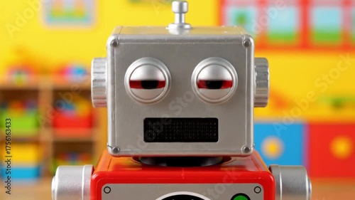 Close up of a metallic robot toy on a red base against a colorful backdrop