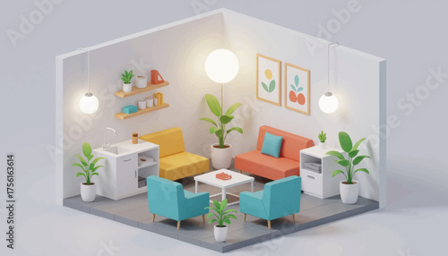 Isometric illustration of a modern living room interior. Cozy home scene with colorful furniture and plants. Vector graphic for interior design concepts