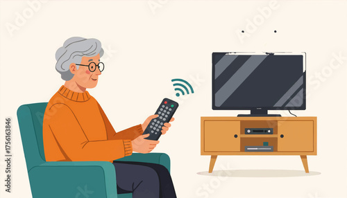 An elderly woman watching television with a remote control. Senior character relaxing in an armchair at home. Flat design vector illustration of retirement and leisure concept