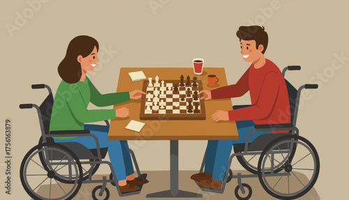People with disabilities in wheelchairs playing chess. Inclusion and accessibility concept. Flat design vector illustration