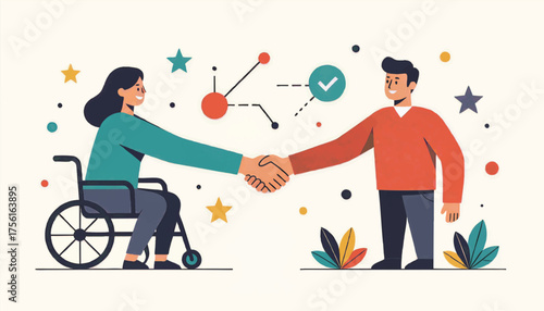 Diversity and inclusion in business concept. A woman in a wheelchair shaking hands with a man. Flat design vector illustration of a successful partnership