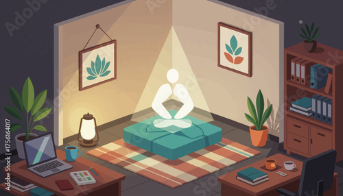 Isometric illustration of meditation in a home office. Work-life balance and stress relief concept. Flat design vector graphic for wellness and mindfulness