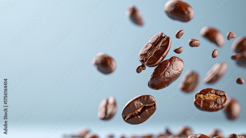 Obraz premium Floating Brown Coffee Beans Against a Soft Gradient Background Highlighting the Richness of Coffee Craft and Aroma