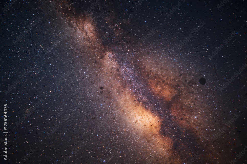 Fototapeta premium Bright streak across the dark night sky with a vibrant golden-red nebula