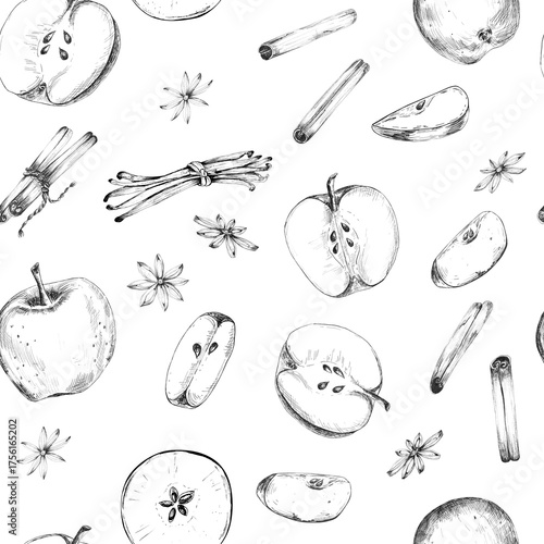Seamless pattern of ink apples, apple slices, vanilla pods, cinnamon sticks, star anise. Fruit and spices clipart. Hand-drawn illustration for food-themed design of wrapping paper, packaging, textile