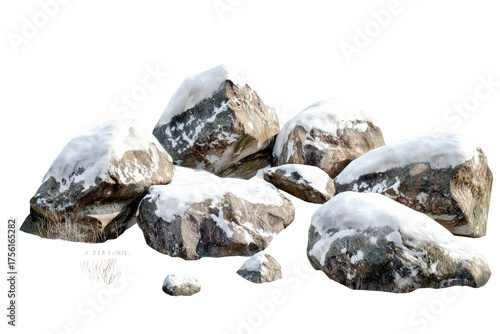 Snow-Covered Rocks In Winter Landscape. Natural Beauty And Seasonal Tranquility. Isolated On Transparent Background