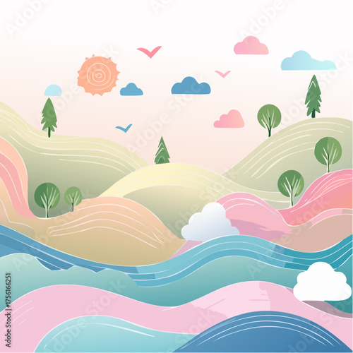 Abstract Landscape with Rolling Hills and Water.