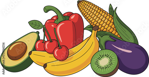 Fresh fruits and vegetables, colorful healthy food assortment, organic produce, avocado, banana, corn, kiwi, eggplant, cherries, red bell pepper