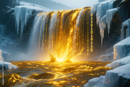 Golden waterfall digital stream binary code glowing river icy canyon winter landscape surreal art data flow neon light global currencey reset