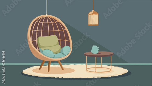A cozy corner with a hanging rattan chair a soft faux fur rug and a small side table with a brass lamp.
