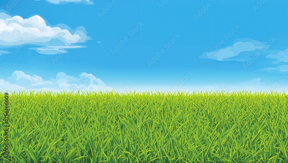 Obraz premium A beautiful summer landscape featuring clear blue skies and vibrant green grass, vector illustration on a white background