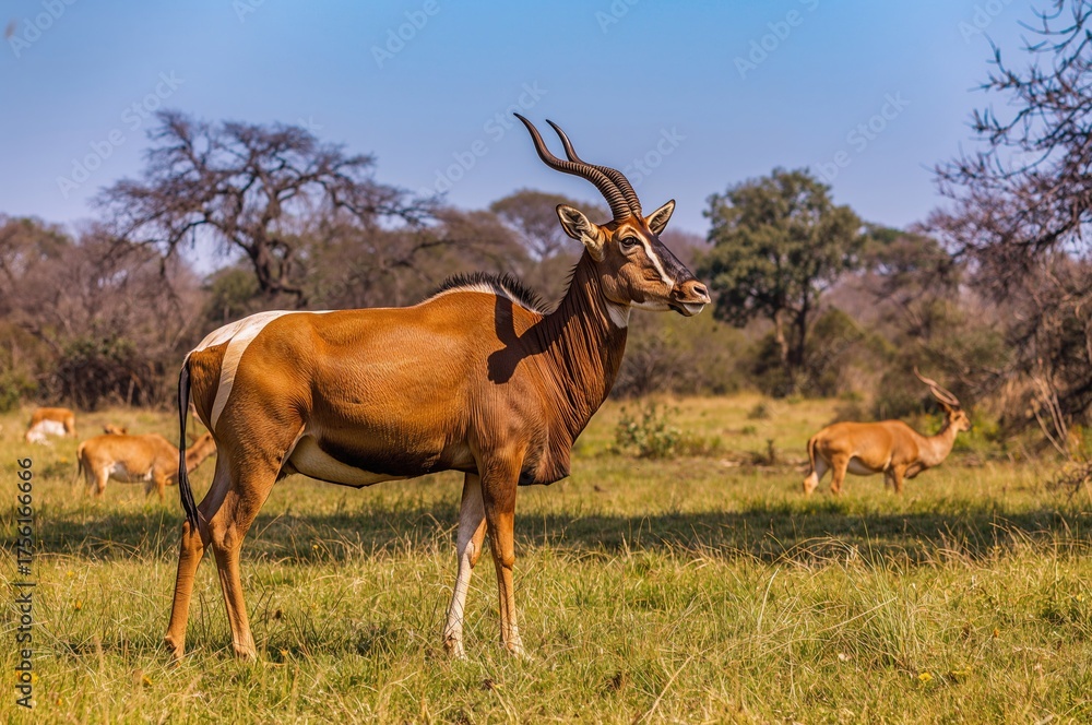 Fototapeta premium Bongo Antelope Grazing on Lush Grass