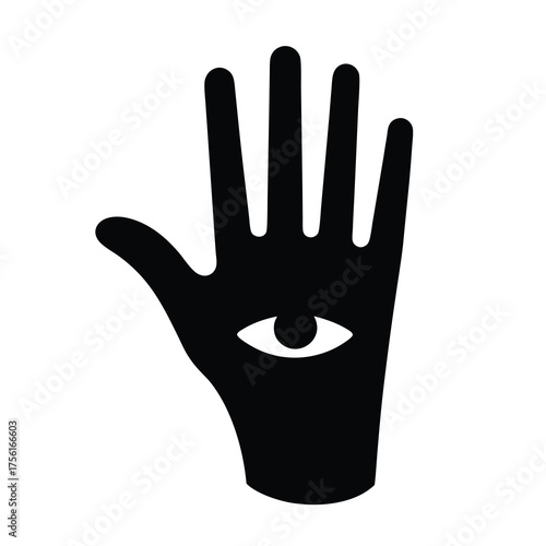 Black hand with eye symbol representing the palm, mystic and occult themed