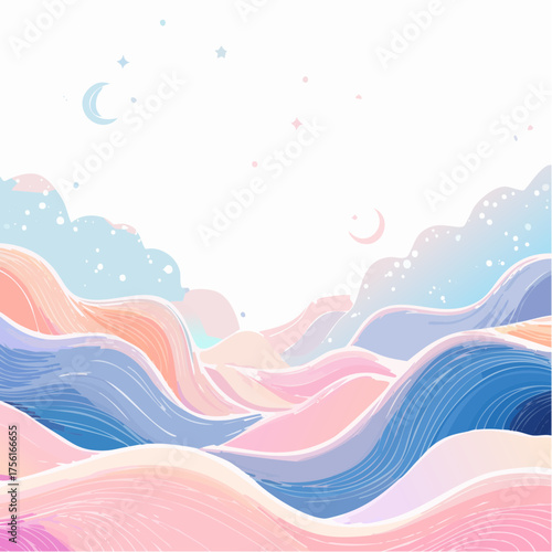 Dreamy Pastel Waves Under a Crescent Moon Sky.
