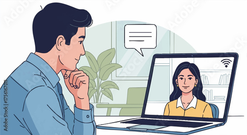 Man having a video call with a woman on a laptop. Online therapy and virtual meeting concept. Cartoon vector illustration