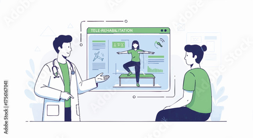 Doctor discussing tele-rehabilitation with a patient. Telemedicine and virtual physical therapy concept. Modern flat vector illustration
