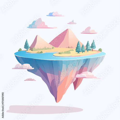 Floating Island Landscape with Pastel Clouds and Trees.