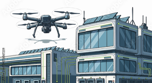 A security drone patrolling over futuristic modular buildings. Modern technology and surveillance concept. Clean line art vector illustration