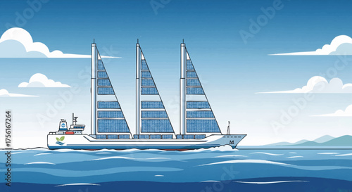 Vector illustration of a sustainable cargo ship. Futuristic vessel powered by wind and solar energy. Clean maritime transport and green technology concept
