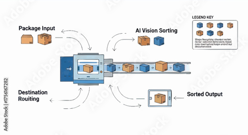 Automated conveyor belt sorting system infographic. AI vision for logistics and package distribution concept. Clean vector illustration for supply chain management