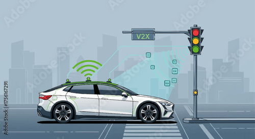 An autonomous vehicle using V2X communication with a smart traffic light. Future of transportation and smart city concept. Clean vector art illustration