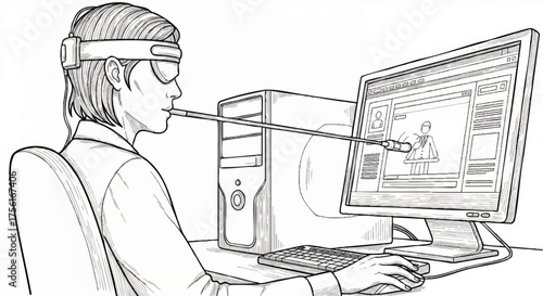 Detailed line art vector of a person using a pointer. Assistive technology for computer accessibility. Disability and inclusion concept illustration