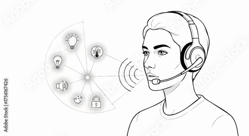 Detailed line art vector of a person using voice commands. Smart home and IoT automation concept. Technical illustration of voice recognition technology