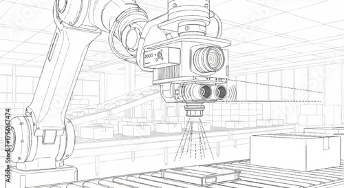 A robotic arm with a machine vision system on a factory conveyor belt. Detailed line art illustration of industrial automation. Smart manufacturing and Industry 4.0 concept vector