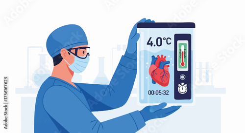 A surgeon in a laboratory holding a heart for organ transplantation. Medical preservation technology concept. Flat design vector illustration