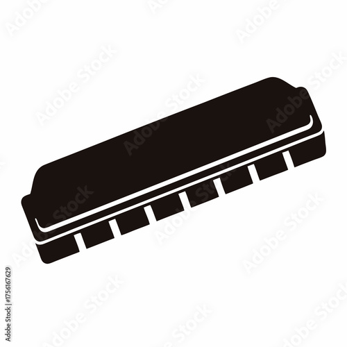 Black and white minimalist illustration of a harmonica on a white background