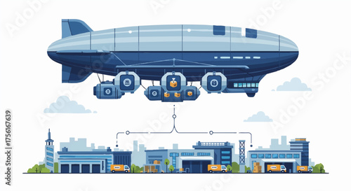 A futuristic airship delivery service concept. Flat design vector illustration of an automated logistics and supply chain network. E-commerce fulfillment and transportation technology
