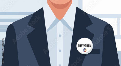 A person proudly wearing a they/them pronoun pin on a suit. Flat design vector illustration of gender identity and inclusion in the workplace