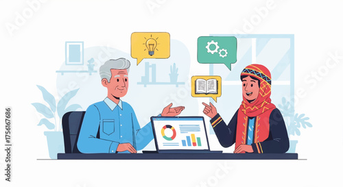 Mentor and mentee collaborating in an office. Flat design vector illustration of business coaching and teamwork. Knowledge sharing and data analysis concept with diverse characters
