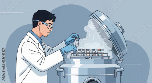 A scientist placing biological samples into a cryogenic freezer. Flat vector illustration of laboratory research and biotechnology